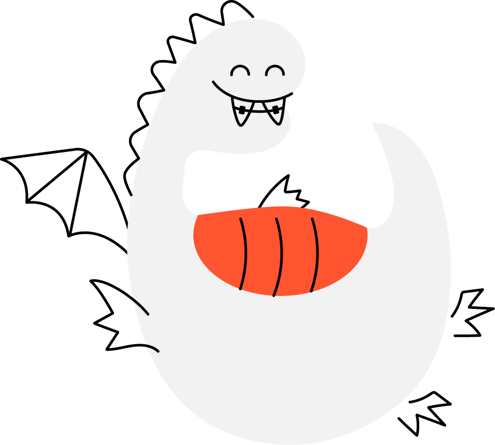 Cute cartoon dinosaur with a wide smile, fangs, and a striped orange tail.