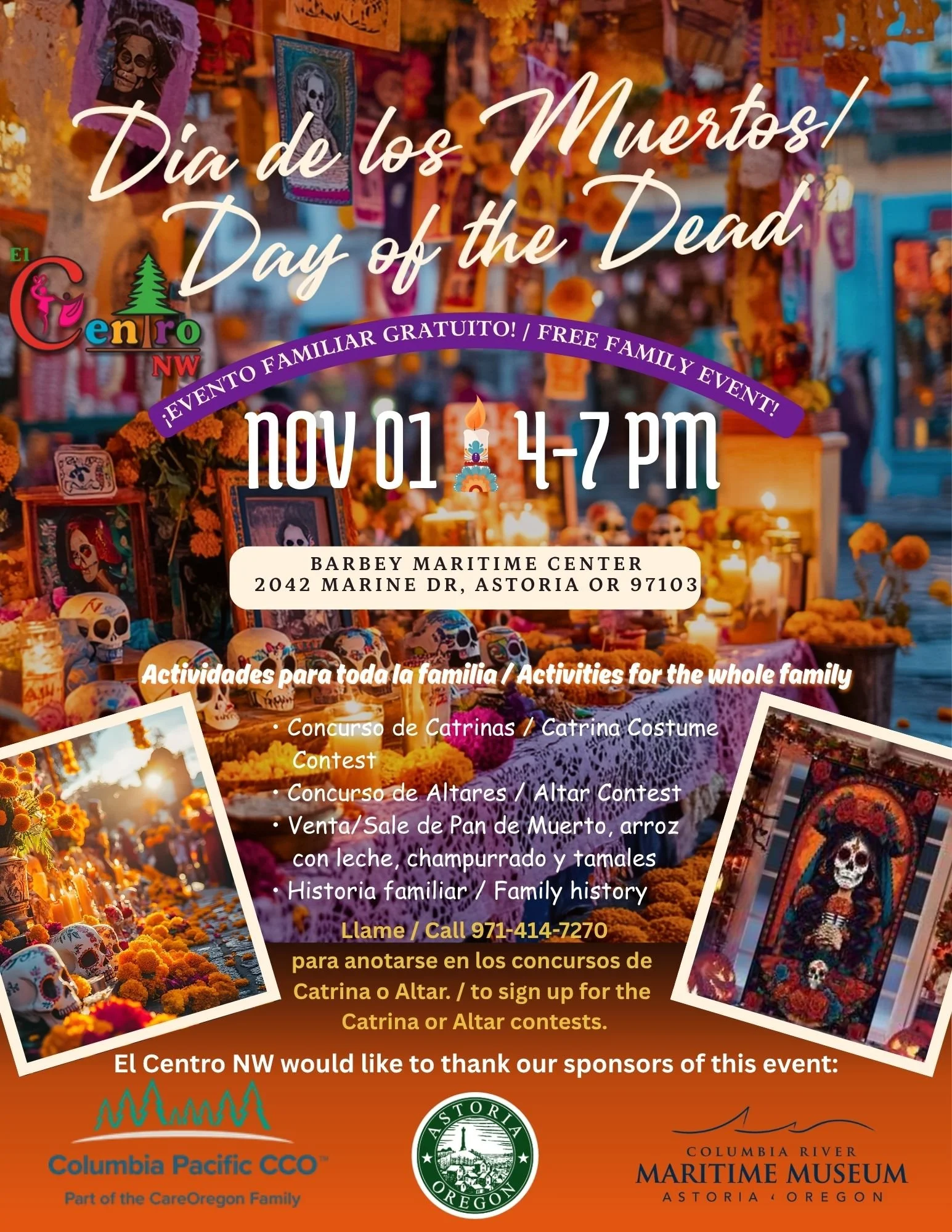 Día de los Muertos flyer: free family event, Nov 1, 4–7 pm, Barbey Maritime Center, Astoria. Hosted by El Centro NW.