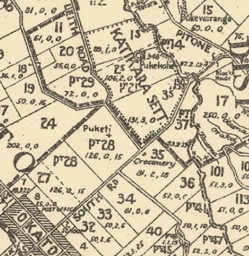 A historical map showing numbered land parcels, roads, and areas with labels such as Puket and Katimau as well as detailed lot measurements.