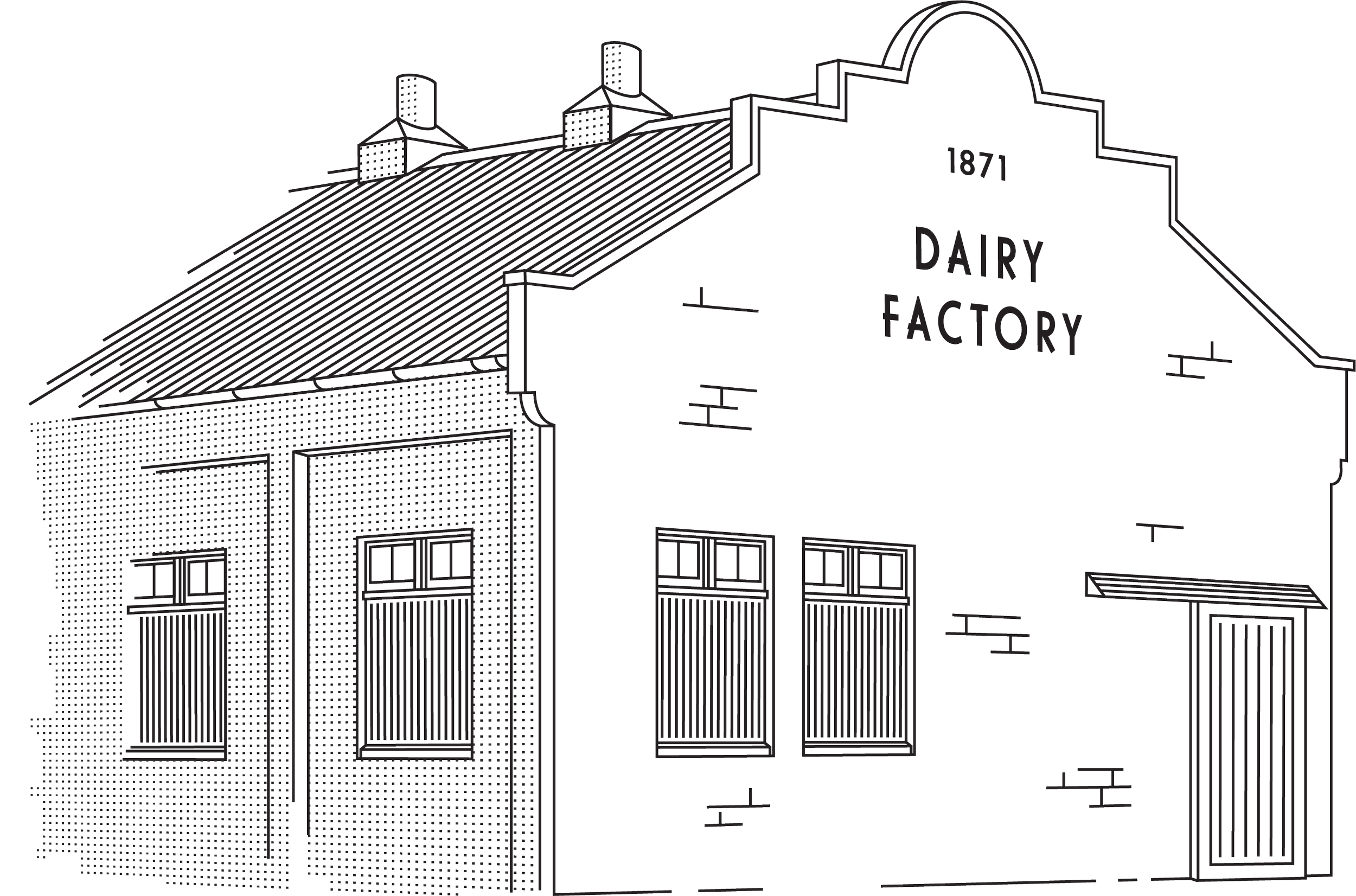 Line drawing of a building with a sign that reads "Dairy Factory" on the front. The building has a sloped roof, windows, doors, and architectural details.