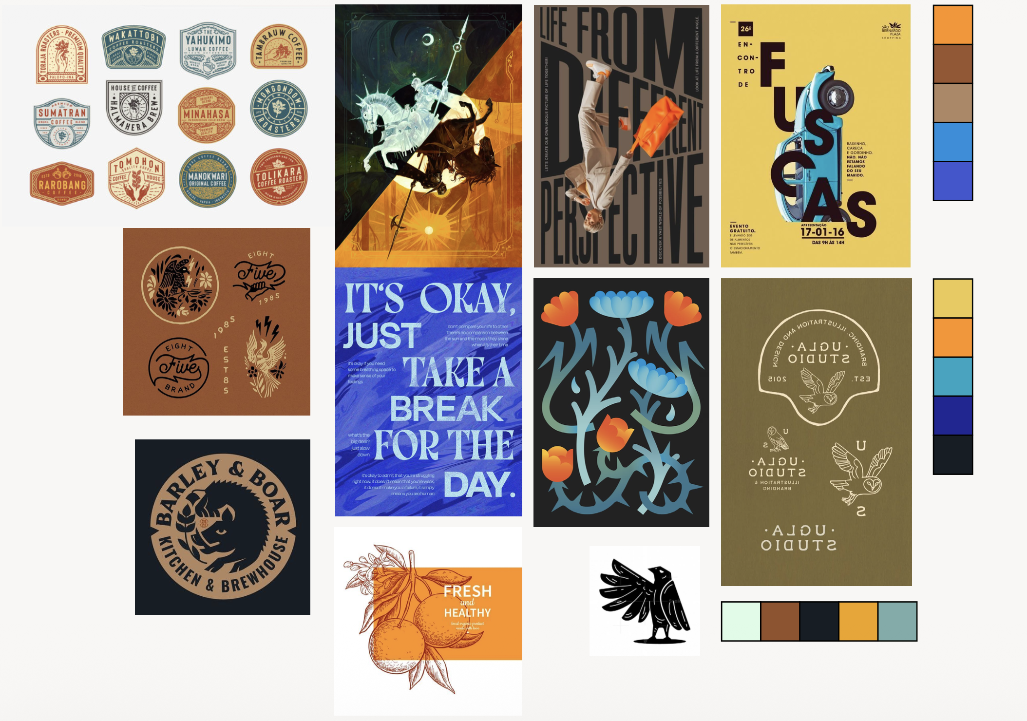 Mood board featuring designs, colors, and logos.