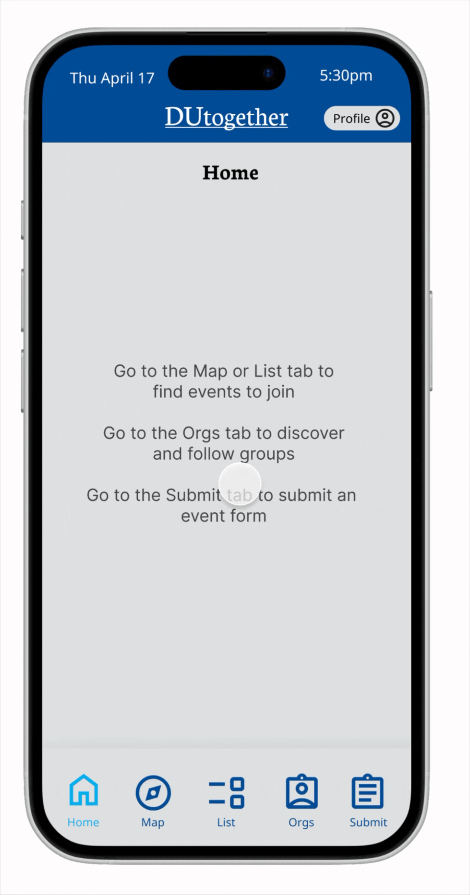 Gif showing event list functionality.