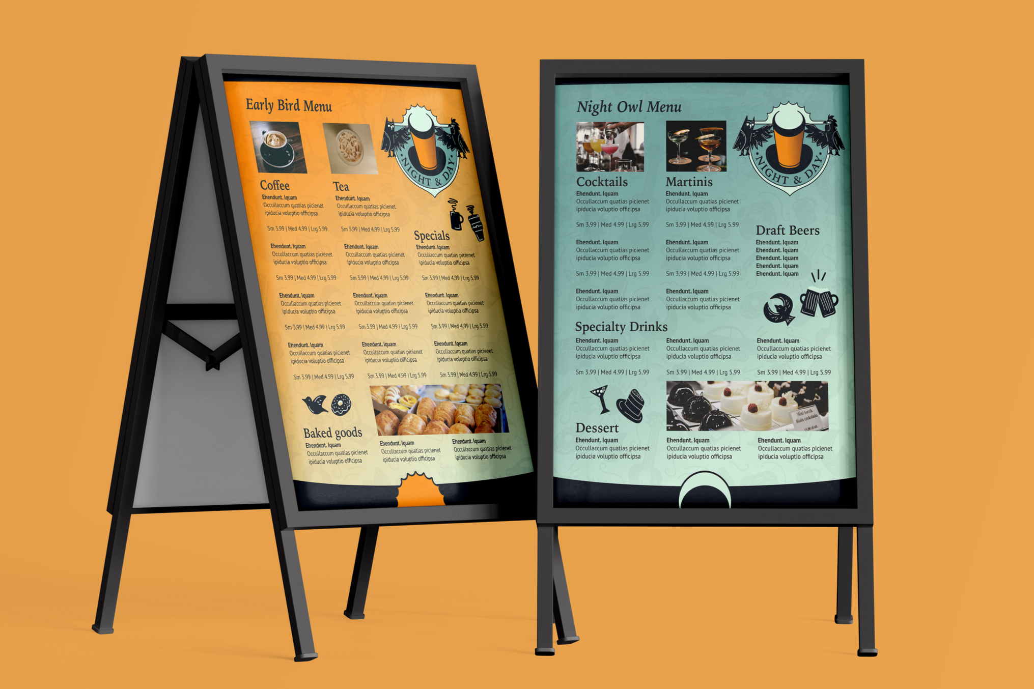 Early Bird and Night Owl menus mockup