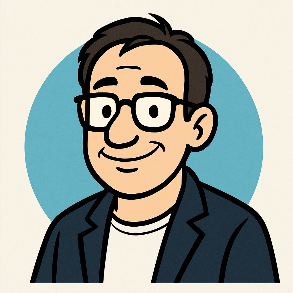 Digital cartoon illustration of a smiling man with black glasses, dark hair, wearing a black blazer over a white t-shirt, with a blue circle background.