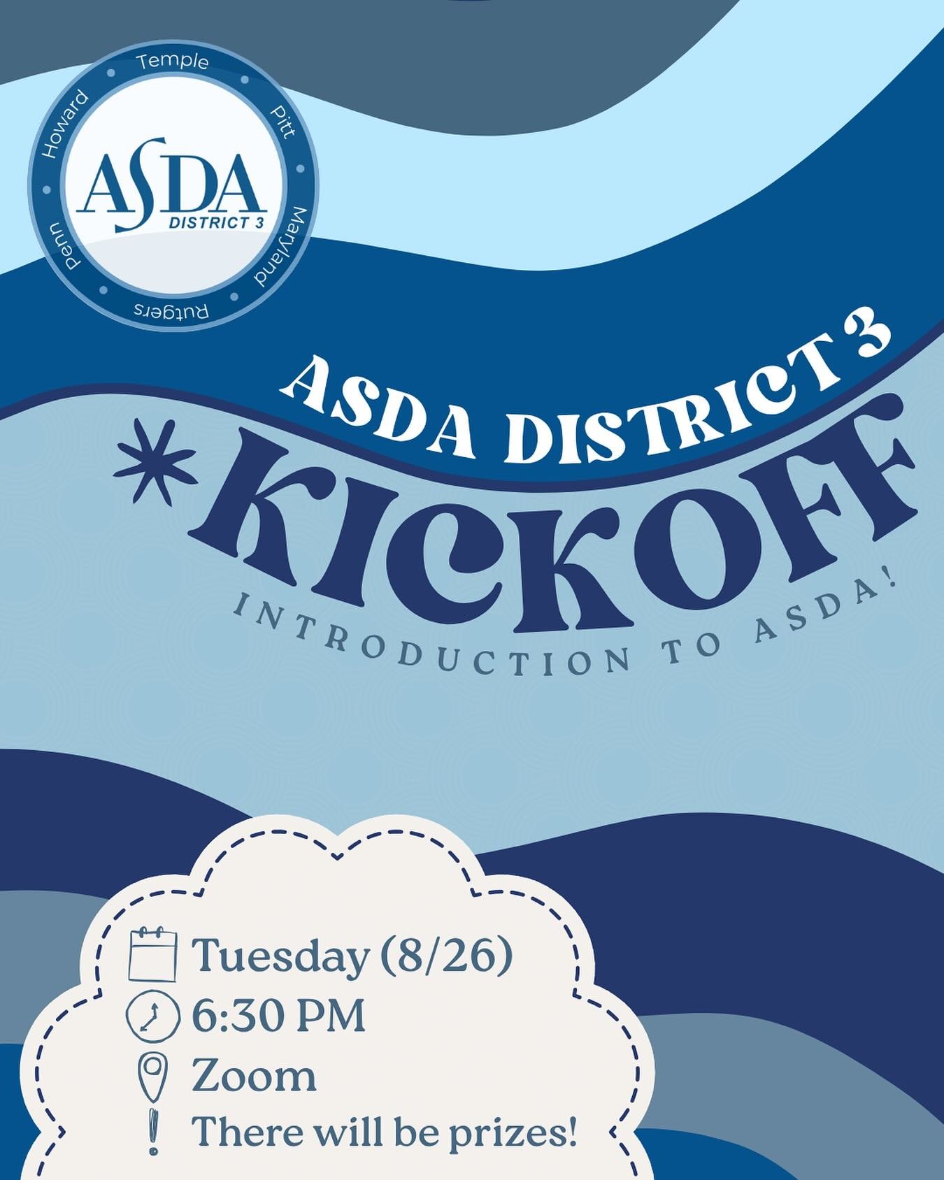 Hey District 3 📣 Join us on Zoom on 8/26 at 6:30 PM for an introduction to what ASDA is all about! Fall Kickoff is a great opportunity to learn about what we do and how you can get involved. There will be a raffle with prizes! Sign up at the link in