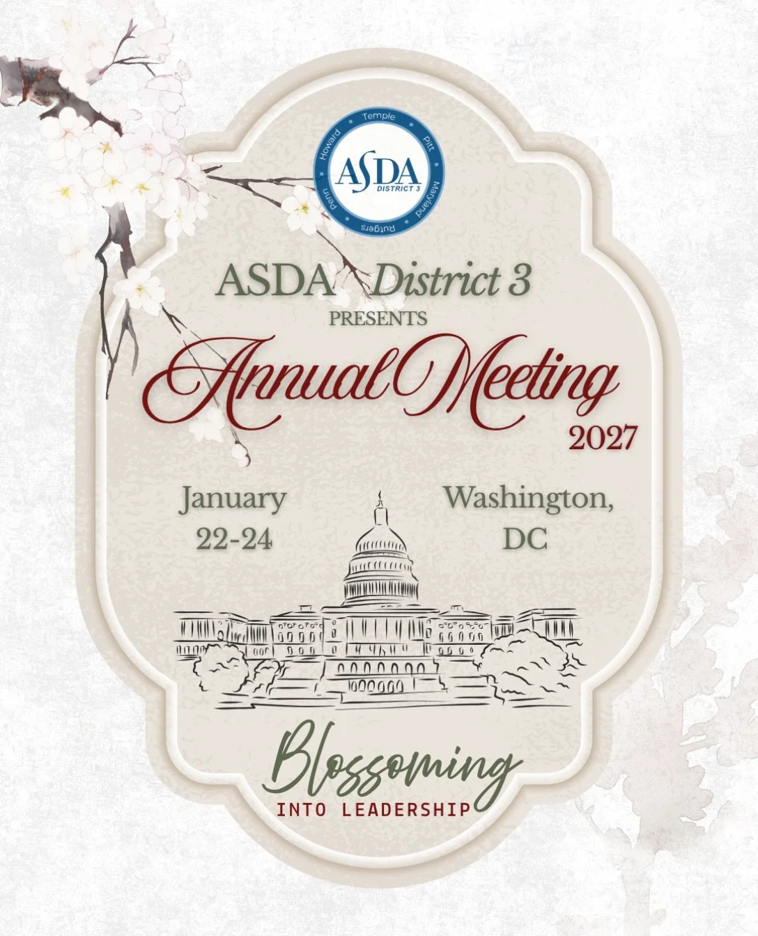 🌸 Save the date! ASDA District 3&rsquo;s Annual Meeting is blossoming into Washington, D.C.! 🌸

Join us January 22&ndash;24, 2027, for a weekend of networking, inspiring speakers, a vendor fair, and exploring DC!

📍 Hyatt Regency Washington on Cap