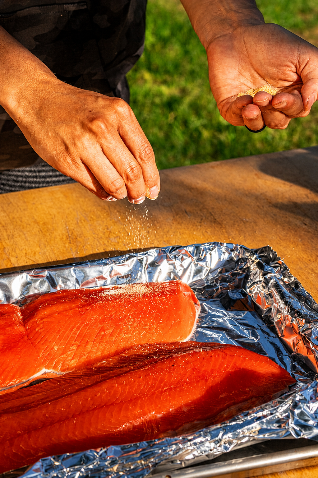 Person sprinkling salt on raw salmon fillets covered with aluminum foil on a wooden surface.