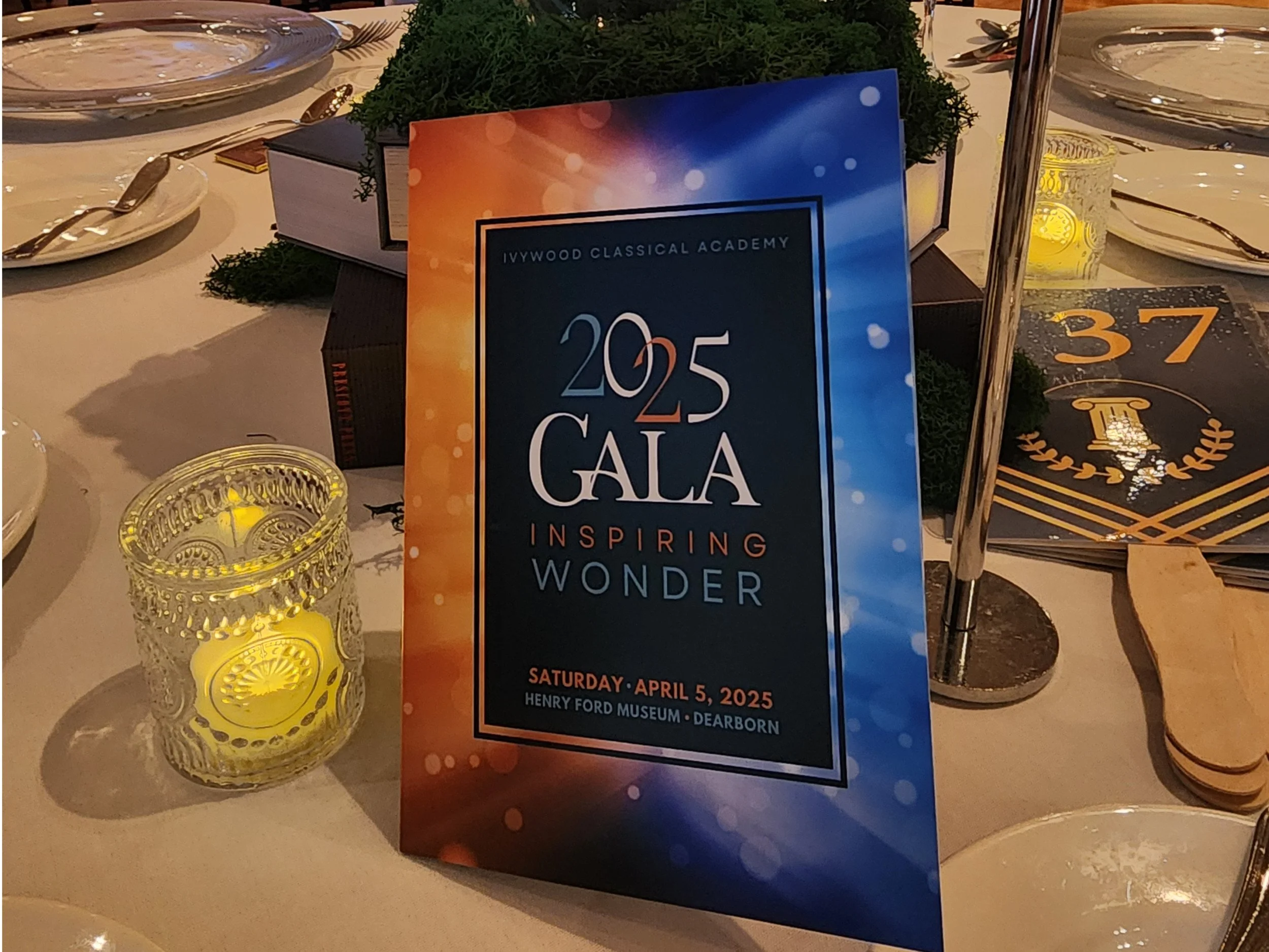 Showcase of my recent graphic design work for the Ivywood Classical Academy 2025 Gala, including this event program and all other marketing materials, designed to bring the "Inspiring Wonder" theme to life for the April 5, 2025 fundraising event at t