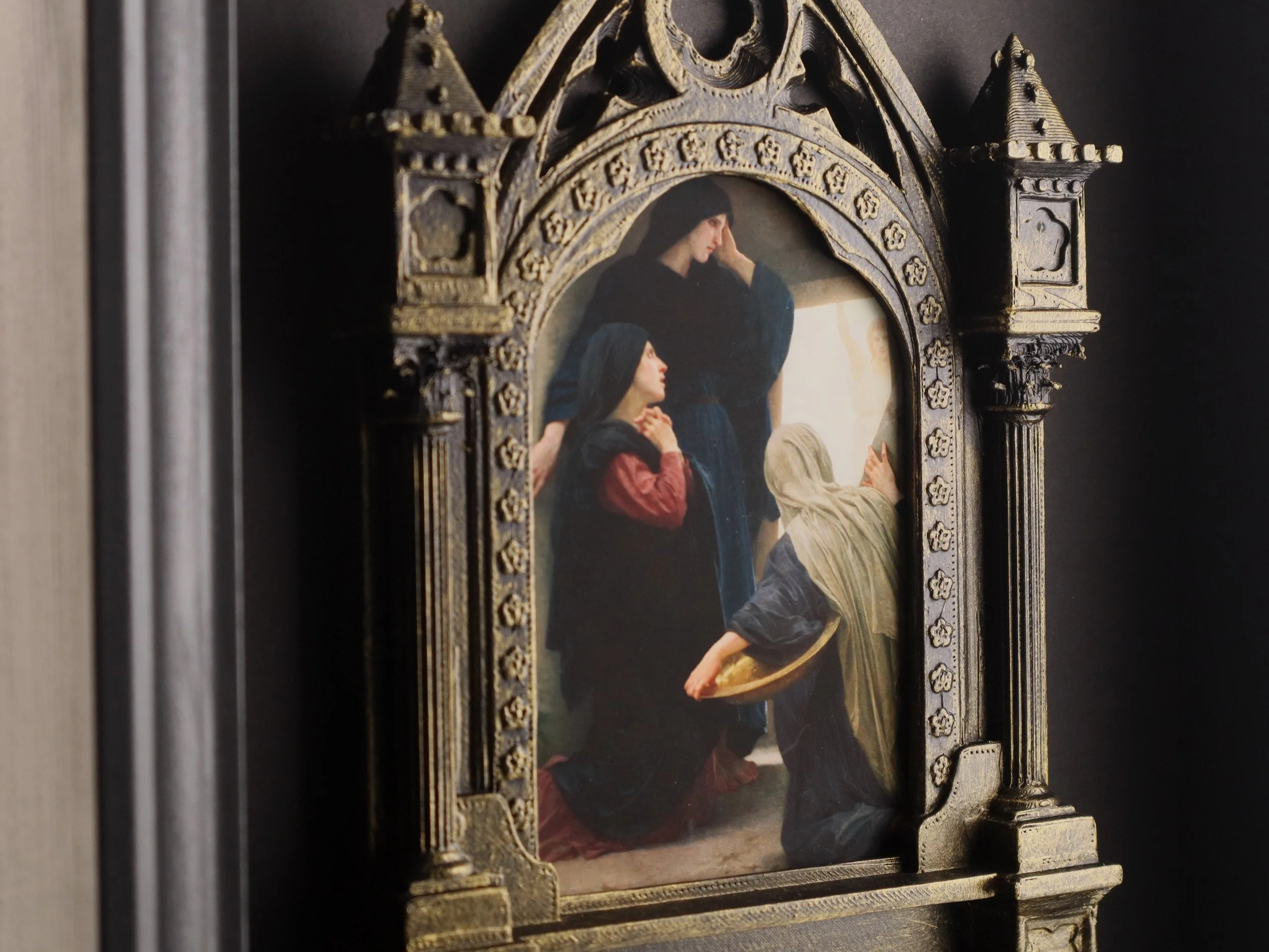 Gothic inspired 3D printed and hand-painted frame showcasing classic Biblical art.