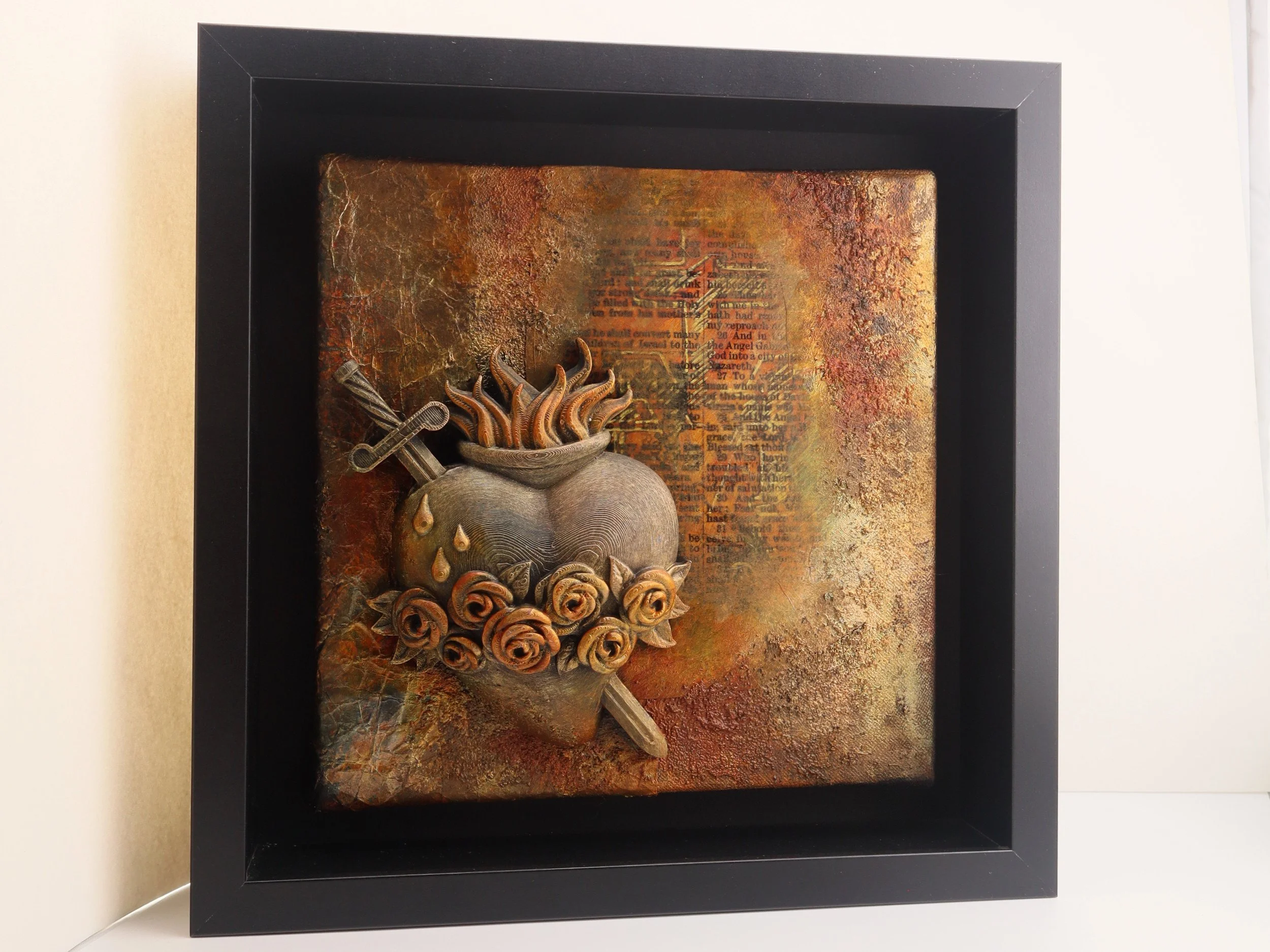 Framed artwork showcasing the Immaculate Heart of Mary, crafted with 3D-printed, hand-painted details and a modern collage on canvas, blending spiritual beauty with unique craftsmanship.