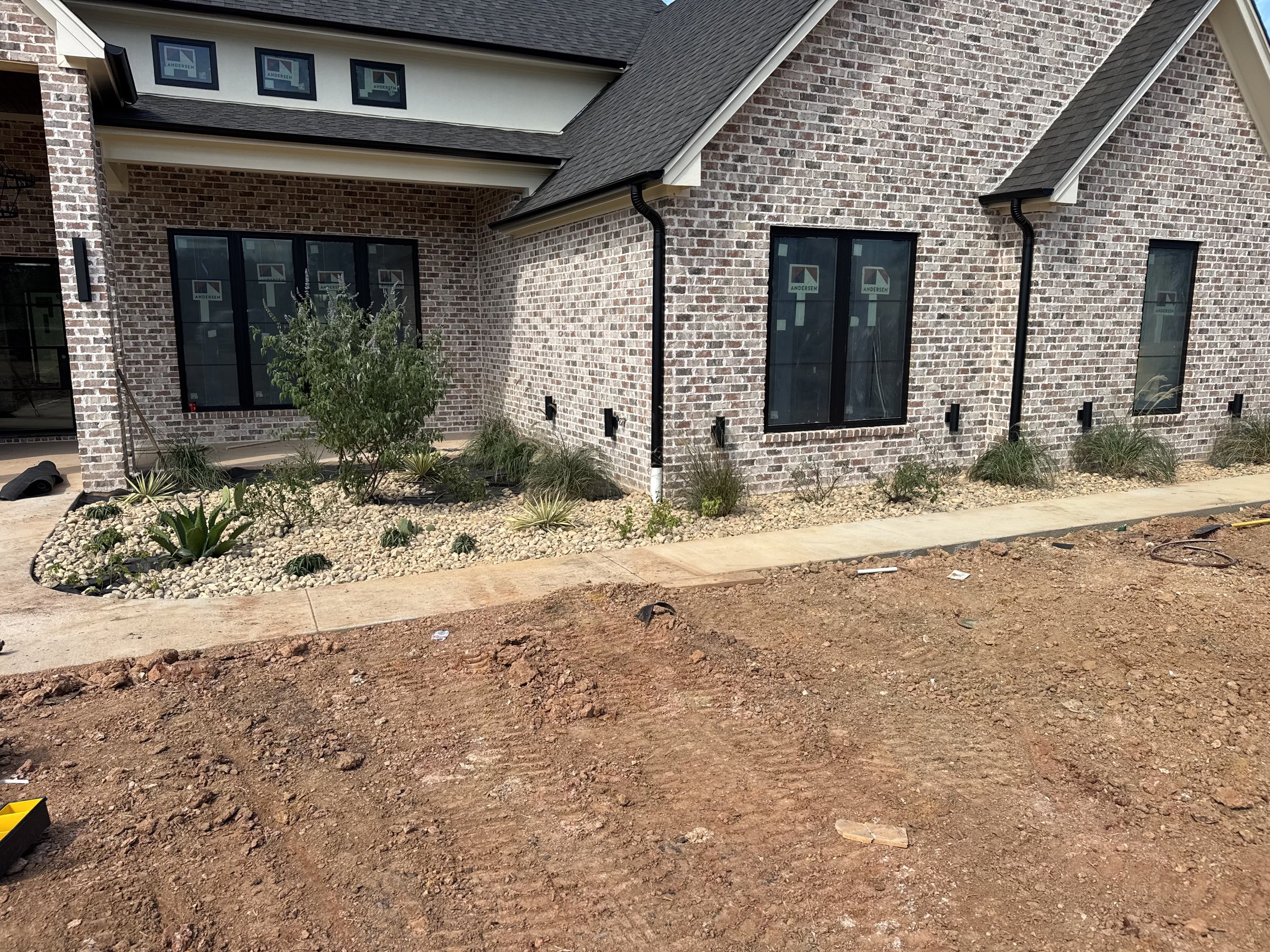 Newly landscaped front yard of a brick house with a garden bed containing desert plants and a small tree, and a concrete walkway, with the yard still under construction.