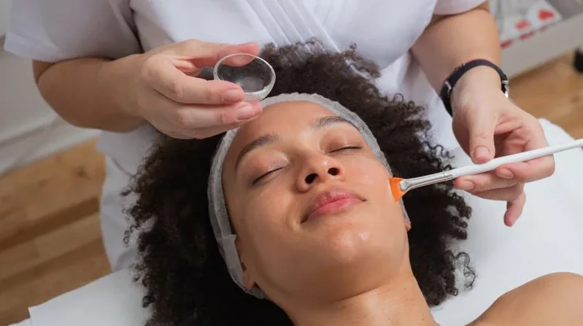 Client receiving facial skincare service for healthy skin using DermaQuest products.