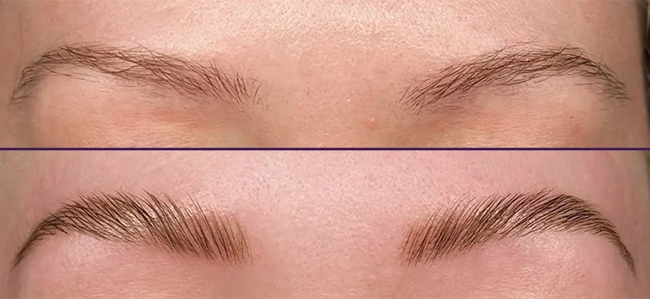 Comparison of eyebrows before and after eyebrow mapping, waxing, staining, and lamination. Final product showing fuller, more defined eyebrows in the after image.