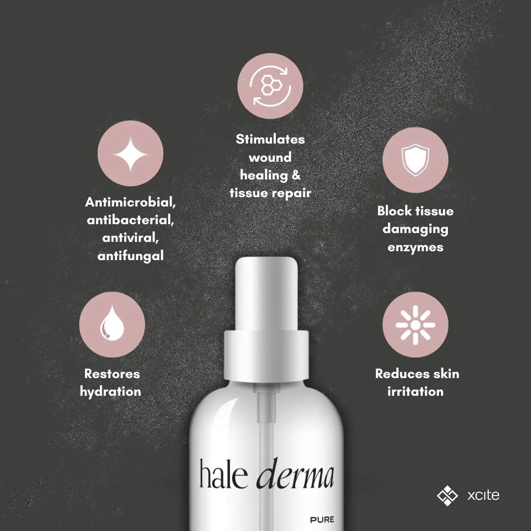 Hale Derma stimulates wound healing, blocks damaging enzymes, restores hydration, reduces skin irritation. Best spray skincare product available.