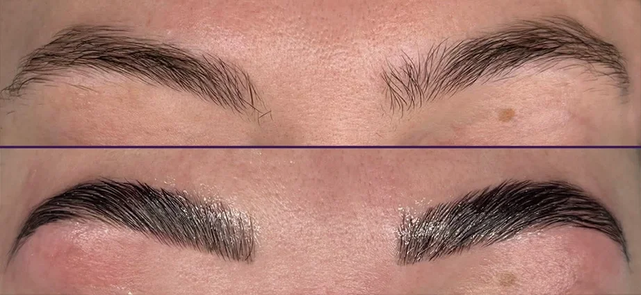 eyebrows mapped for symetry, laminated to stay in place, waxed, and stained