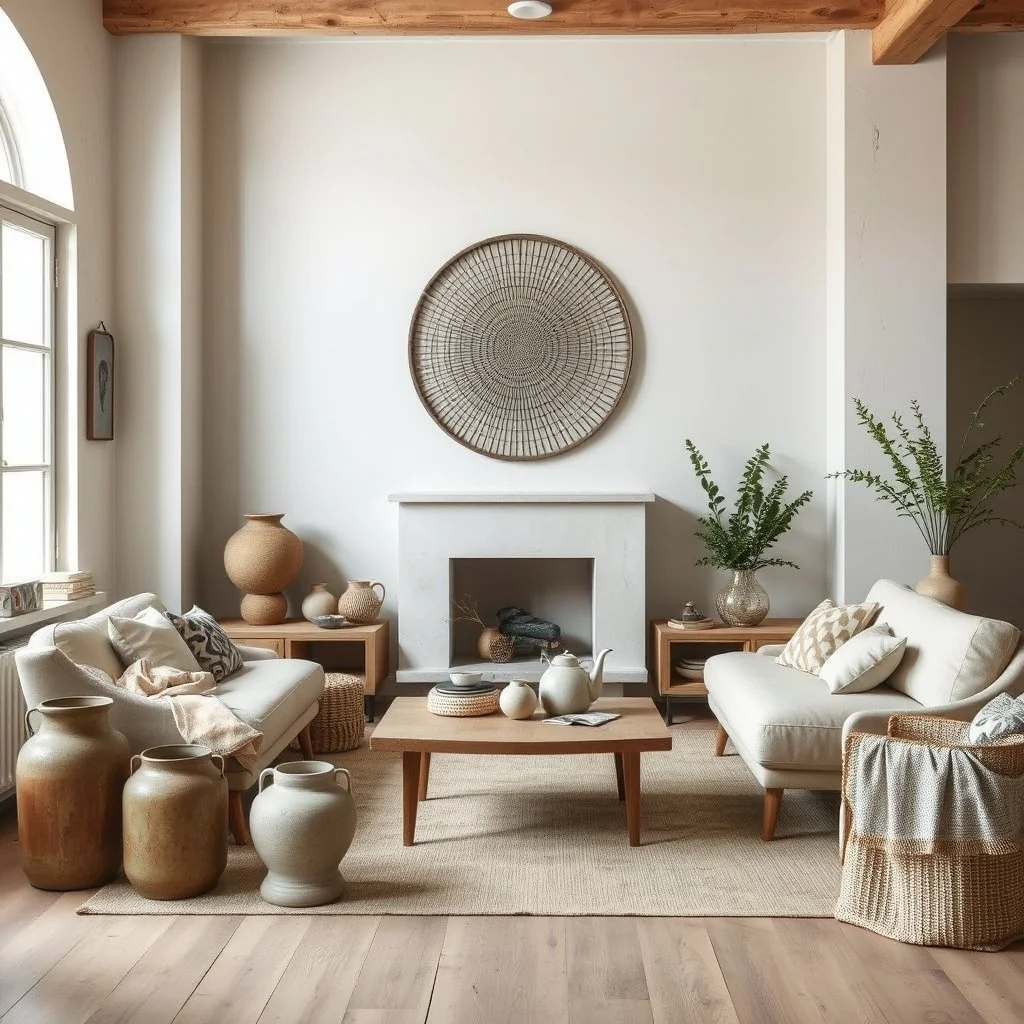 Earth-toned living room interior, modern Scandinavian style, limewash walls, vintage ceramics, linen textures, soft daylight”.jpg