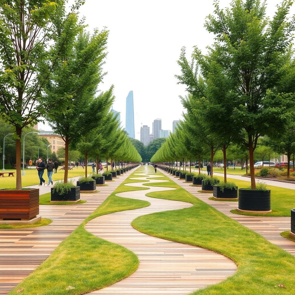urban park with wooden walking paths, healthy trees and planters, neutral sky and busy atmosphere, green- yellow grass, more doverse shapes in pathways.jpg