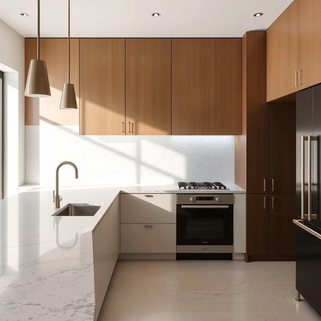 “High-end kitchen with terrazzo counters, minimalist cabinetry, brushed metal fixtures, flooded with natural light”.jpg