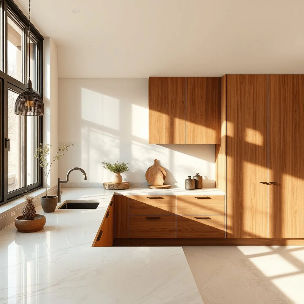 warm neutral browns earth tones kitchen with wood and marble exposed material sand natrual daylight exposed through windows and shadows.jpg