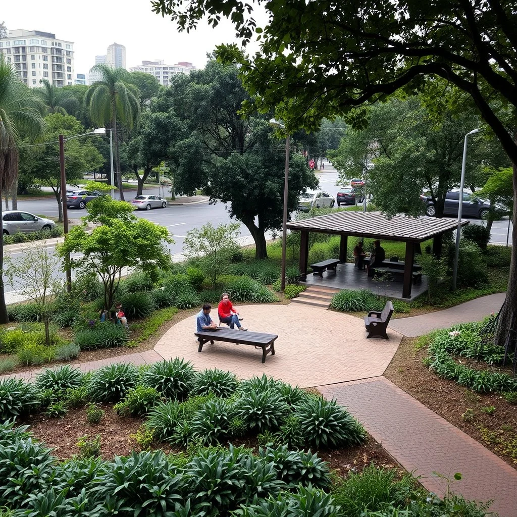 park outdoor sitting space varying different walking paths seating area vegetation lush background views of the surrounding street city large pavilions spaced around to provide shade and shape to the path moody env.jpg