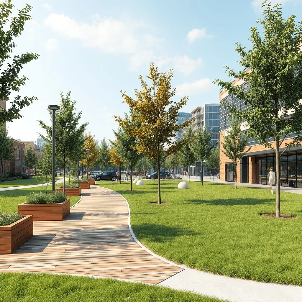 urban park with wooden walking paths, healthy trees and planters, neutral sky and busy atmosphere, green grass, 2D construction drawings .jpg