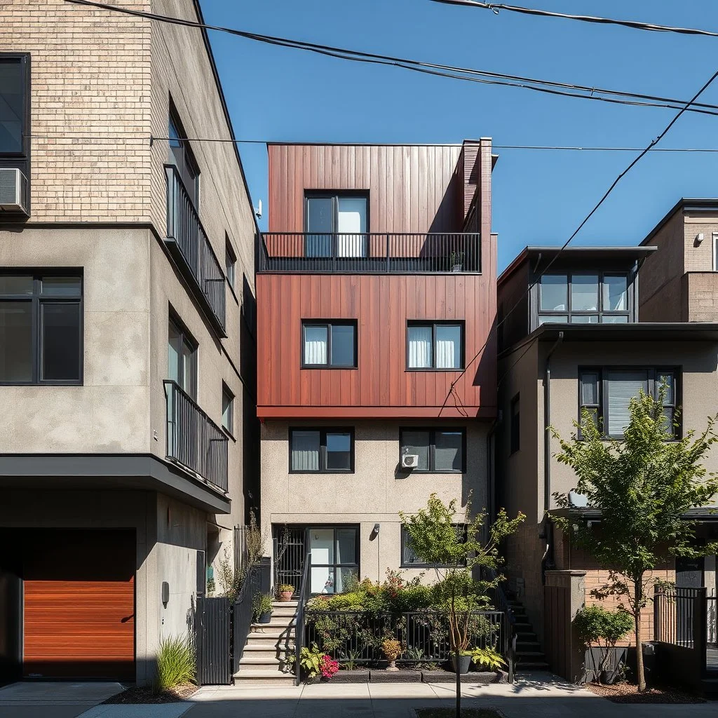 Urban infill housing, contemporary yet context-aware, layered materials, shadow play, designed through cultural research.jpg