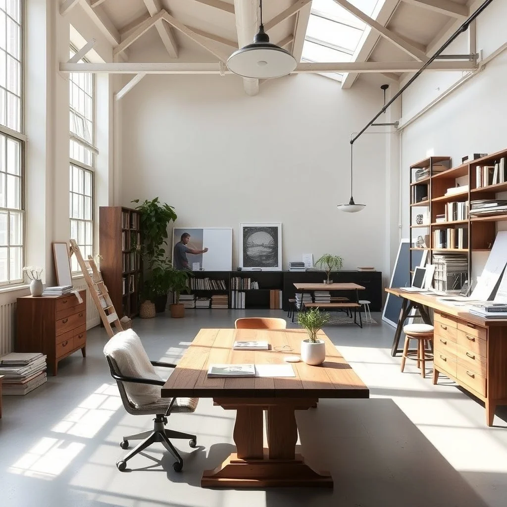 “Boutique architecture studio workspace, sun-drenched loft, reclaimed wood furniture, calming color palette, curated books and design tools, elegant minimalism”.jpg