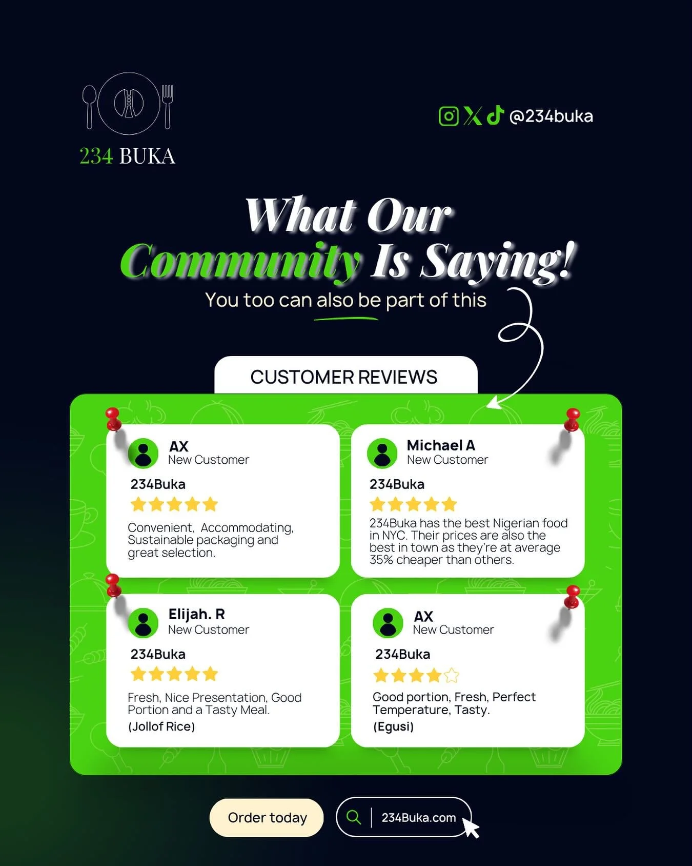 At 234 Buka, your voice matters just as much as the food on your plate. From Jollof Rice to Egusi, our community is already sharing their experiences and we&rsquo;d love to hear yours too! 

Drop us a review, let us know how we&rsquo;re doing, and of