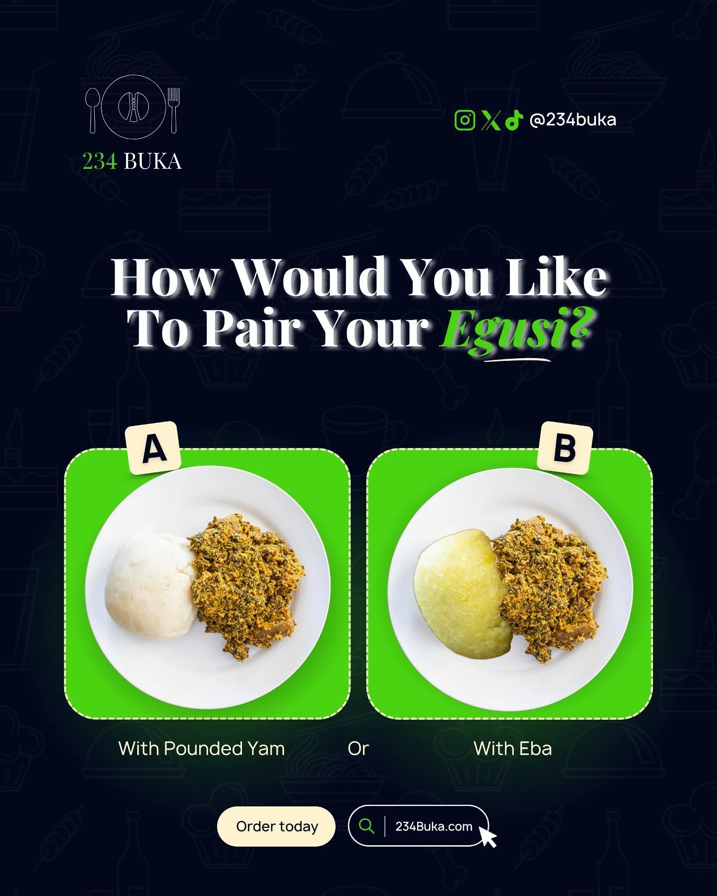 Egusi lovers, it&rsquo;s your turn! The big question is: How do you like to enjoy yours?
With the smooth stretch of Pounded Yam (A)
or
With the firm bite of Eba (B)?

Drop your choice in the comments and let&rsquo;s settle this once and for all! 

#2