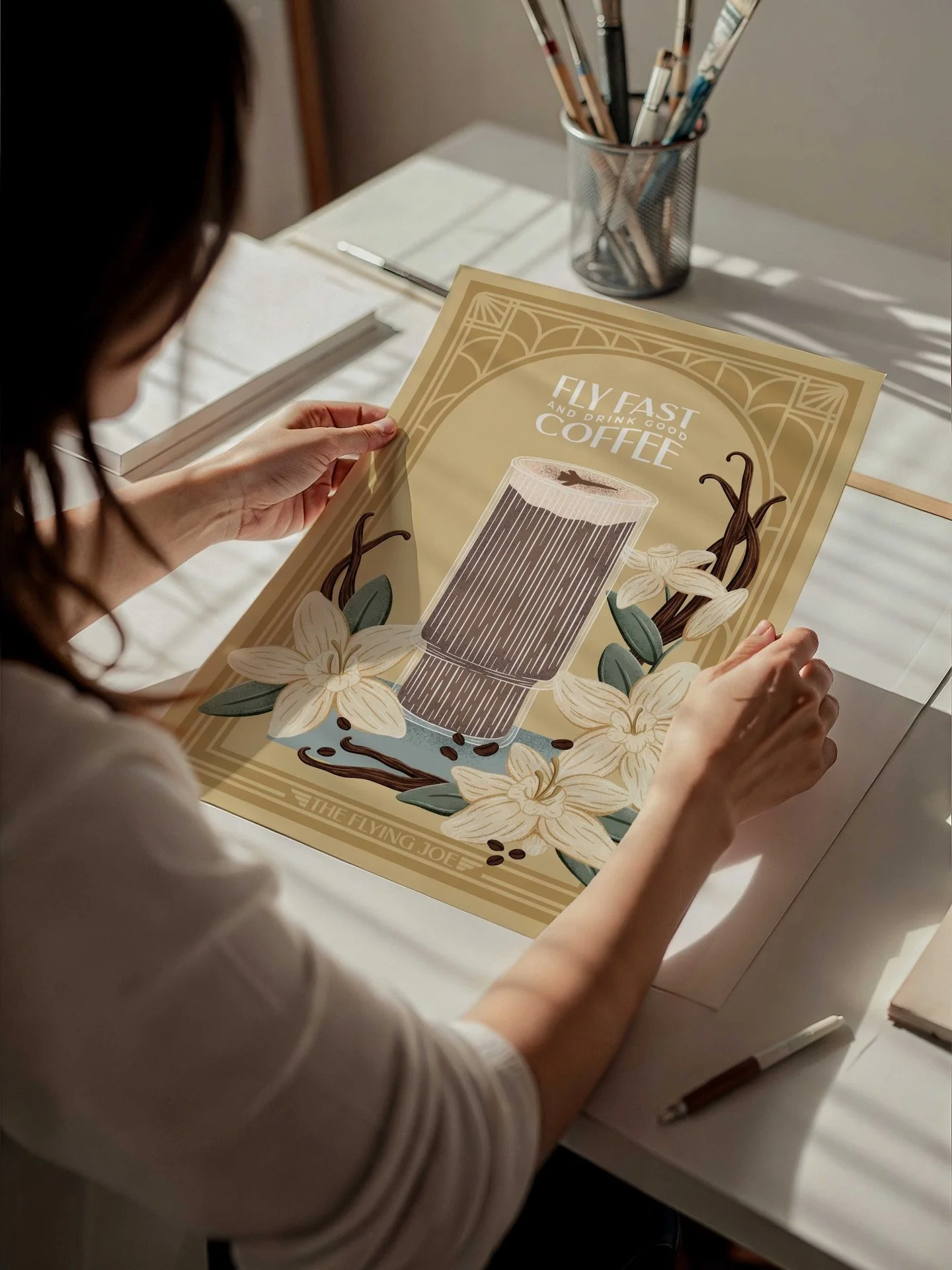 Vanilla lattes and art deco details &mdash; this one was so fun to bring to life. 🤎☕🌿

I got to illustrate this custom poster for @theflyingjoe and honestly, this project had everything I love: florals, a moody color palette, and a brand with real 