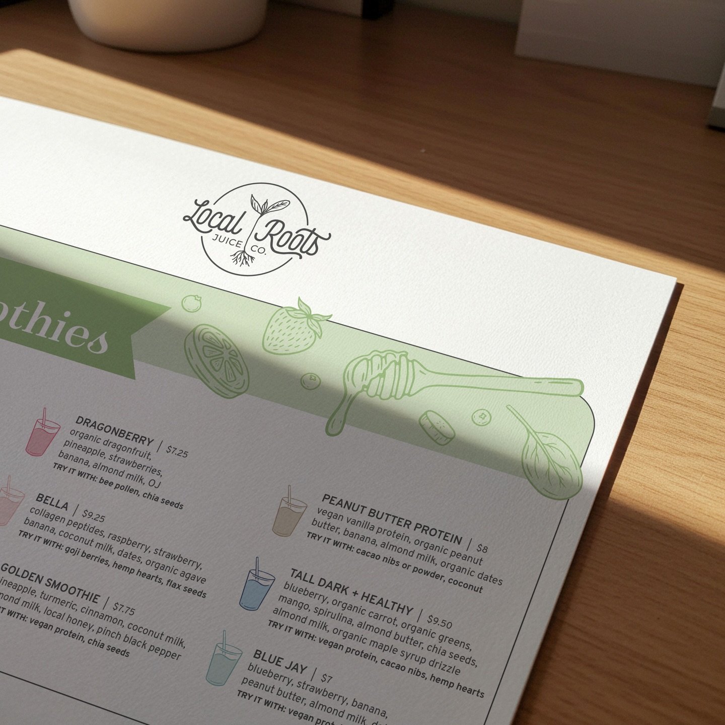 Throwing it back to a fun illustration project🌿 This menu design for @localrootsjuiceco was such a fun one &mdash; a local smoothie spot with a really clear brand personality: fresh, wholesome, community-rooted.

I wanted the menu to feel like the f