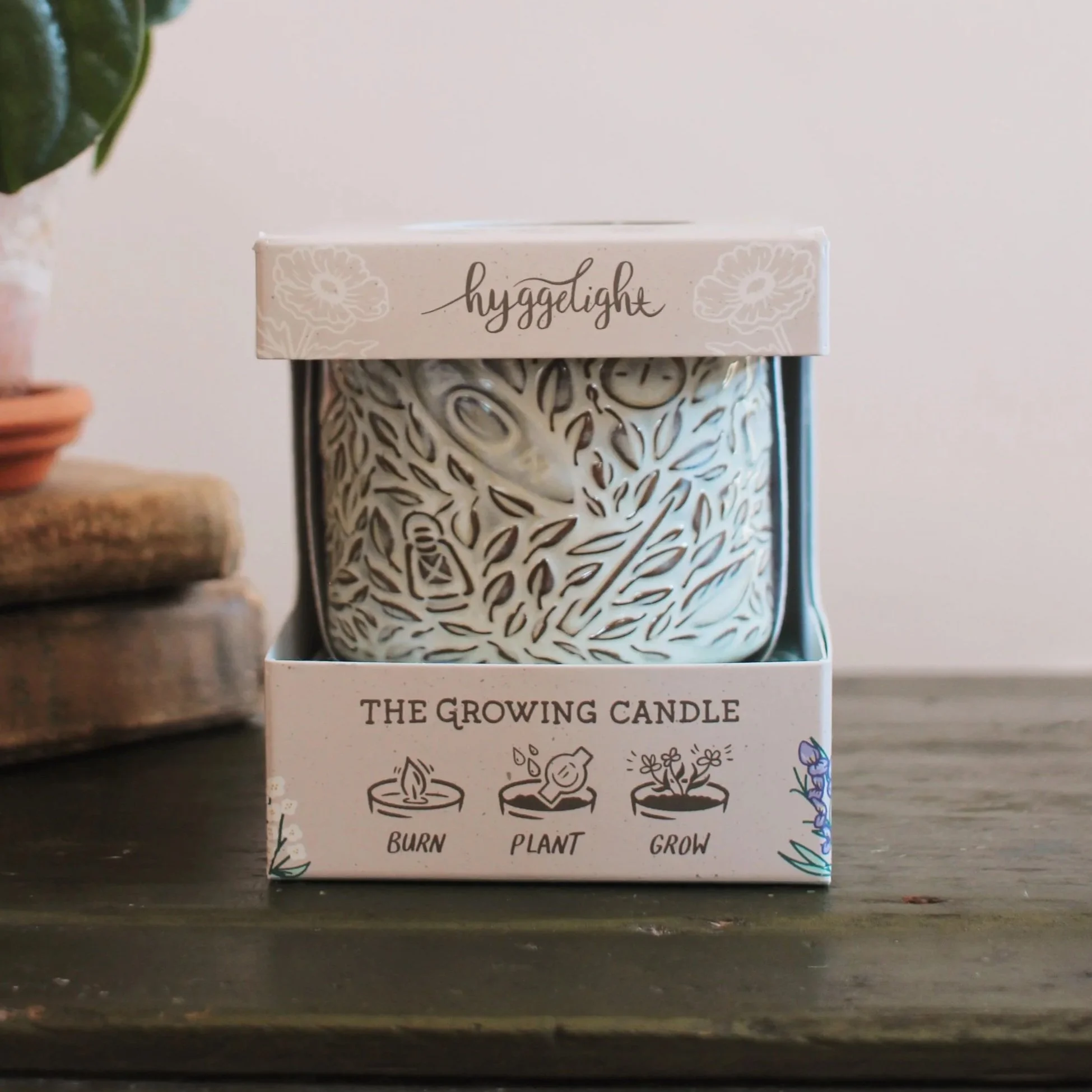 Photo of a hand-illustrated candle container with a kayak, leaves, lantern, and other camping elements inside a box illustrated with florals. The text says Hyggelight, "Burn, Plant, Grow."