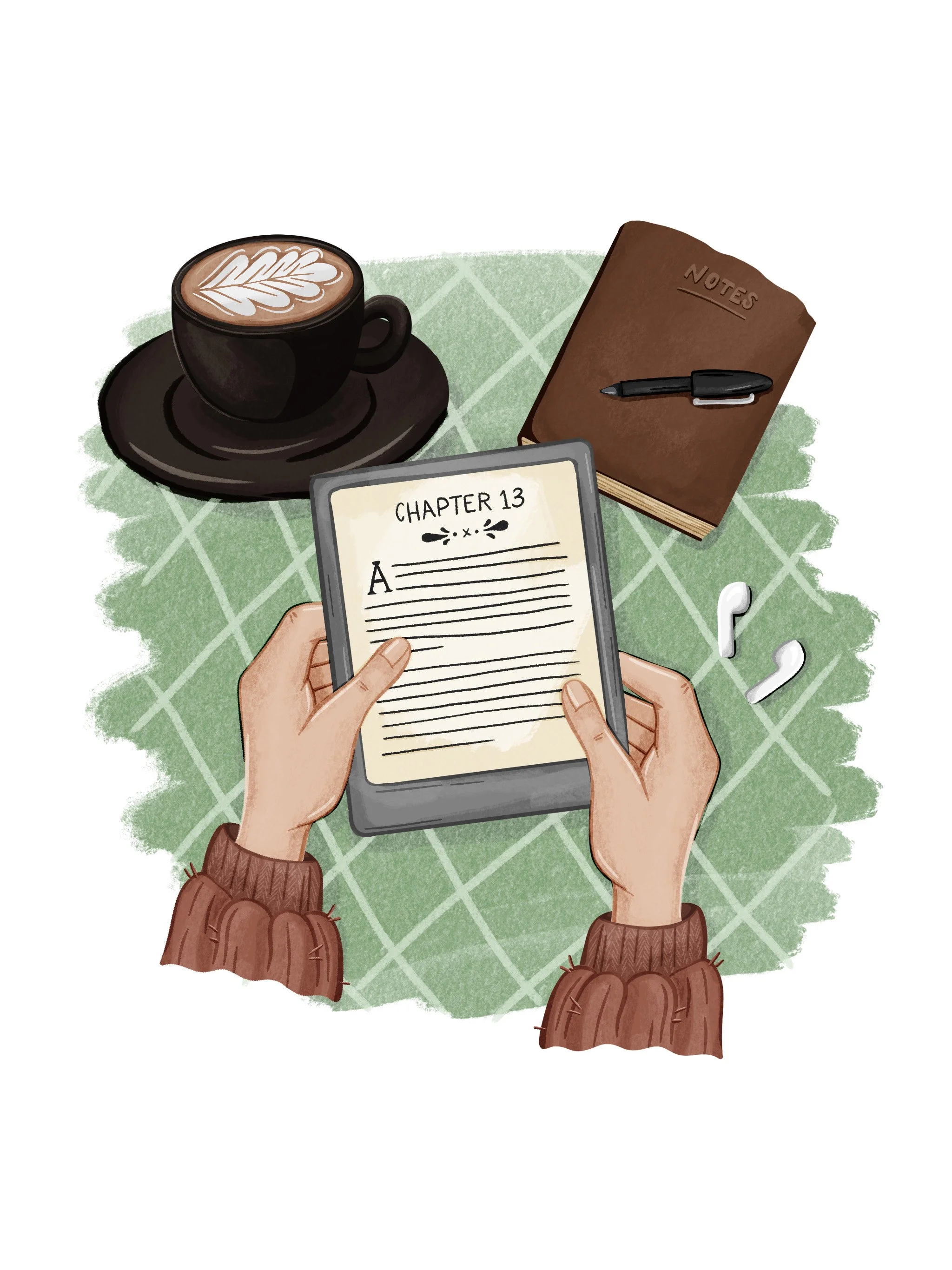 An illustration of hands holding a reading tablet with a coffee cup, notebook, and earbuds on the table below.