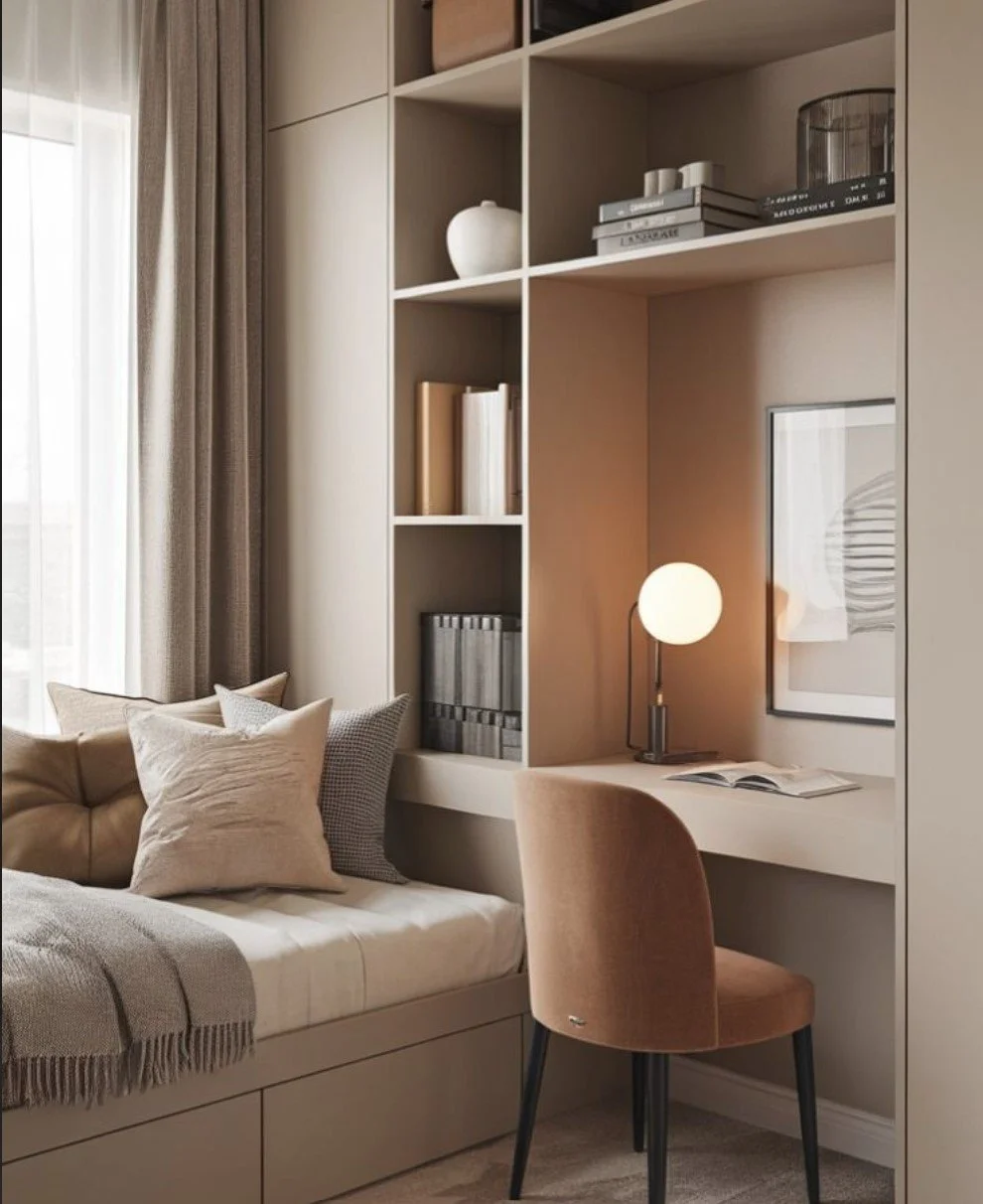A cozy corner in a bedroom with a built-in window seat, cushions, a small desk with a rounded lamp, a armchair, and shelving with books and decorative objects.