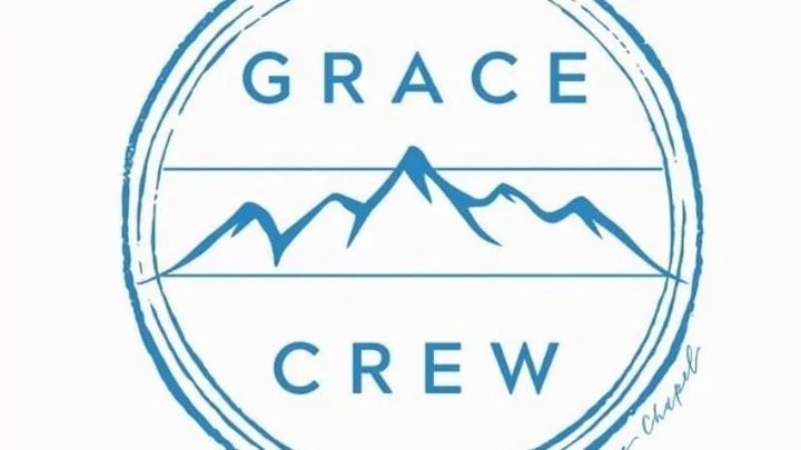 A circular logo with the words 'Grace Crew' and stylized mountain peaks in the center, drawn with blue lines.