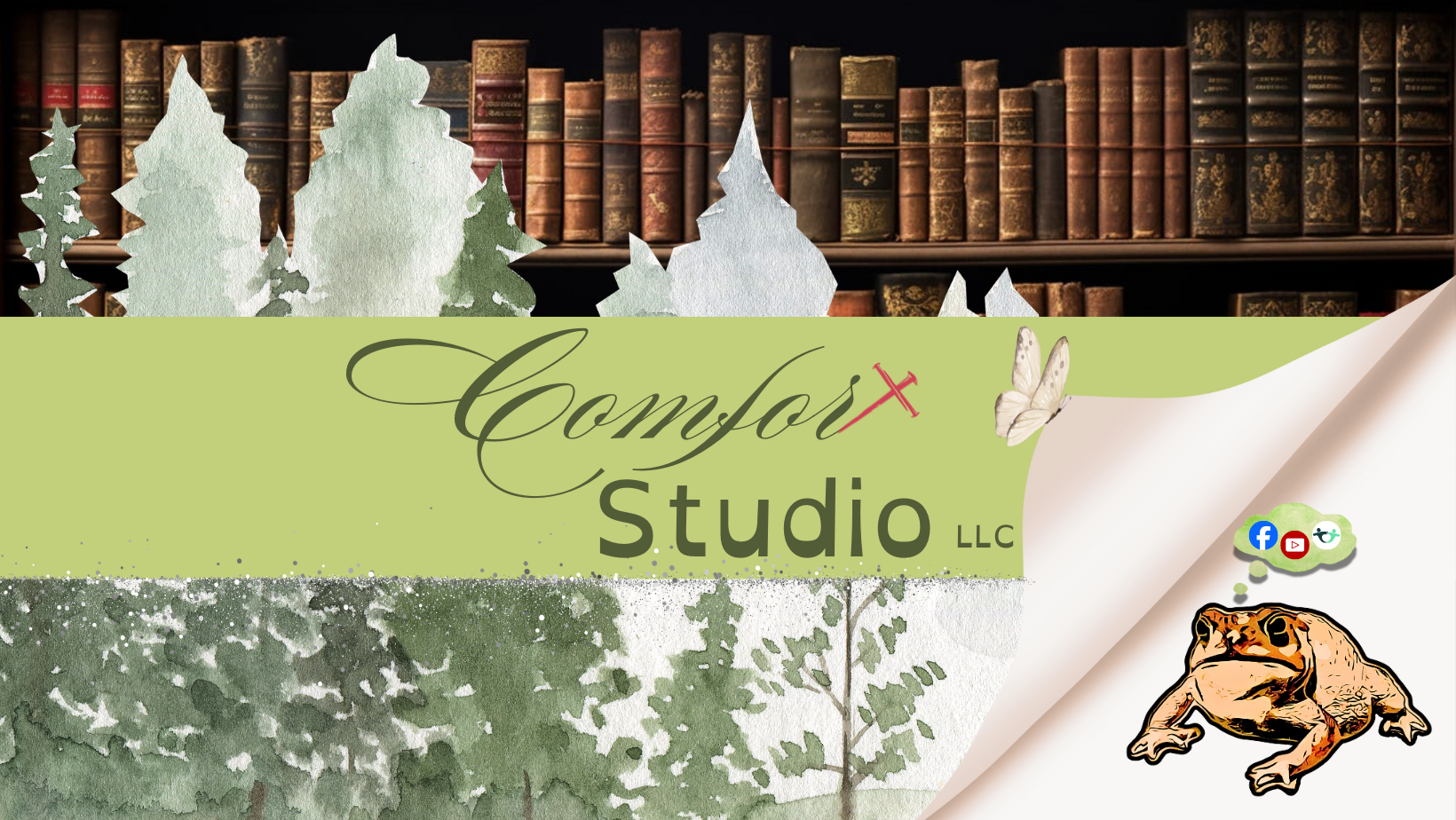 A cover design for Comfort Studio LLC featuring illustrated trees and a frog, with social media icons and a parchment paper curl, set against a background of bookshelves.