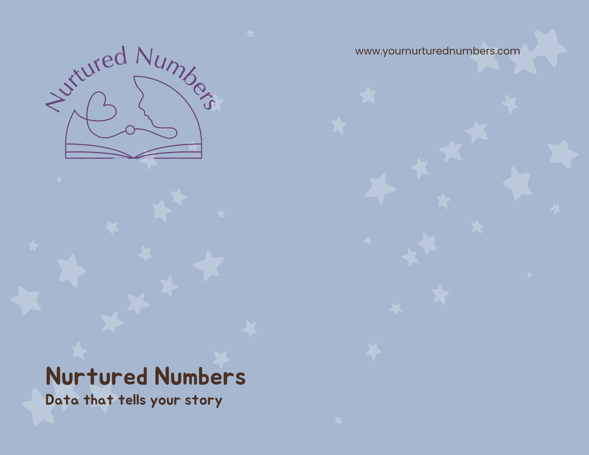 Light blue background with white stars, logo in top left corner shows a book with a stethoscope and profile of a baby's face, with the website URL in top right corner. At the bottom, text reads 'Nurtured Numbers' with a subtitle 'Data that tells your