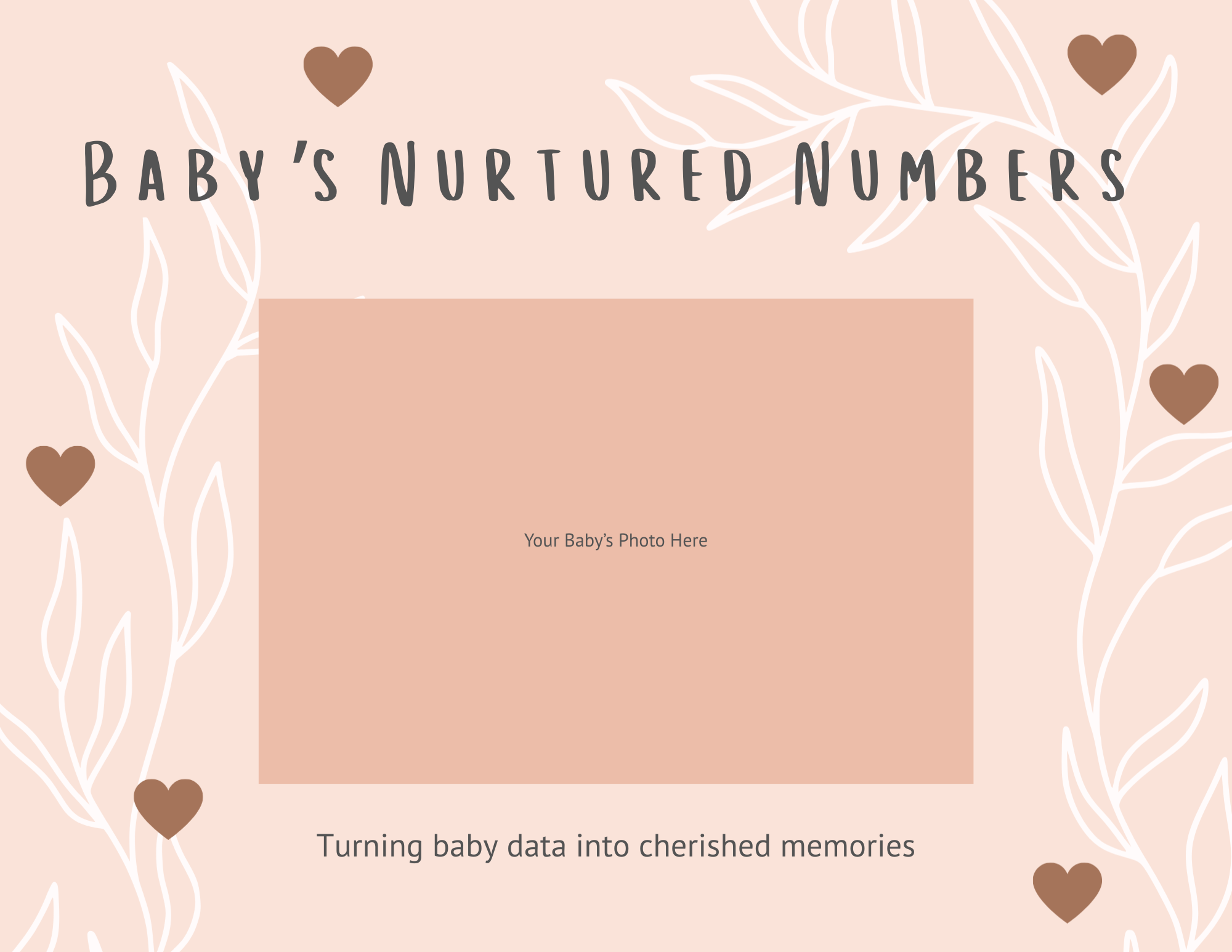 A customizable baby memory book cover titled 'Baby's Nurtured Numbers' with a pink background, white leaf outlines, and brown hearts, featuring a placeholder for a baby's photo, and the subtitle 'Turning baby data into cherished memories'.
