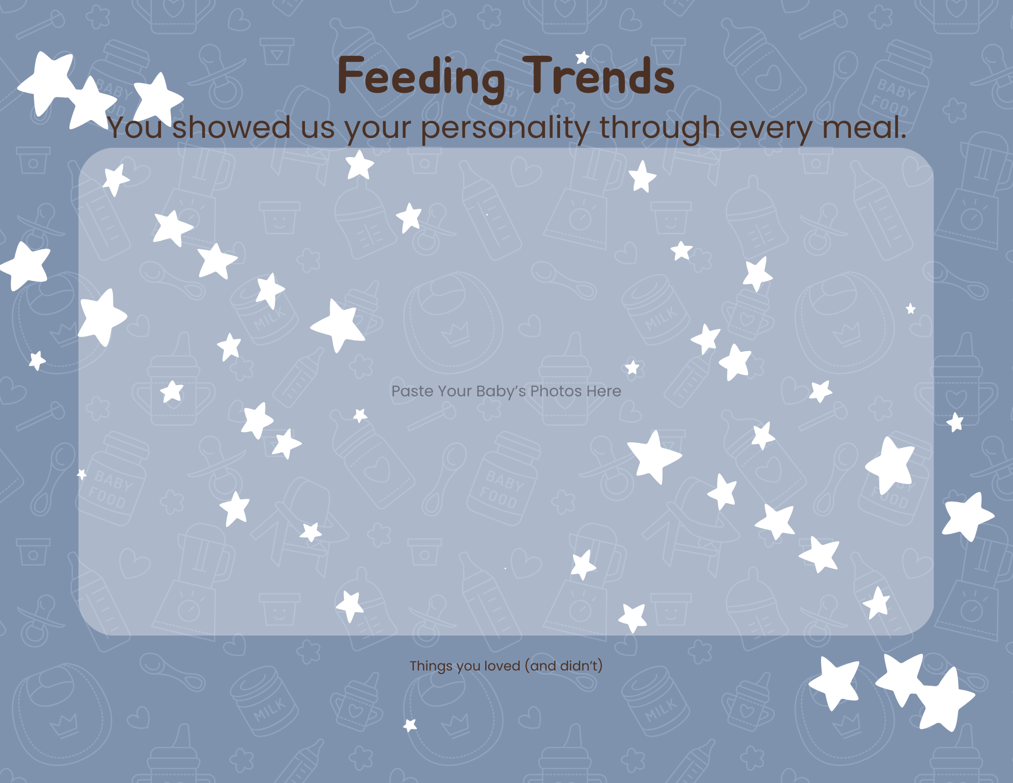 Digital template with a light blue background featuring baby-related icons like bottles, pacifiers, and hearts. It has the title 'Feeding Trends' with the subtitle 'You showed us your personality through every meal,' and a text box for pasting baby p