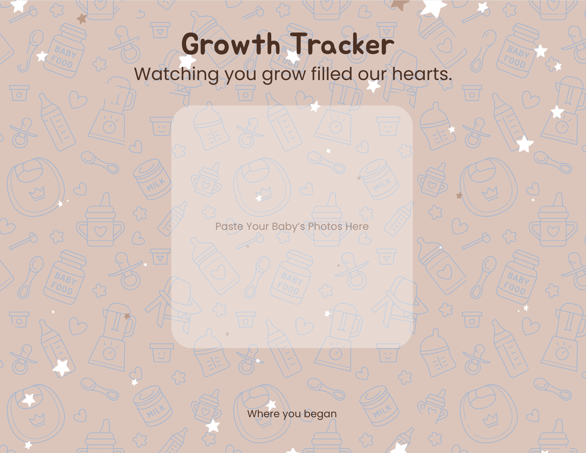 A Baby Growth Tracker interface with a pastel pink background decorated with outline icons of baby-related items such as bottles, pacifiers, hearts, and toys. The center has a semi-transparent white box with the title 'Growth Tracker' in bold, follow