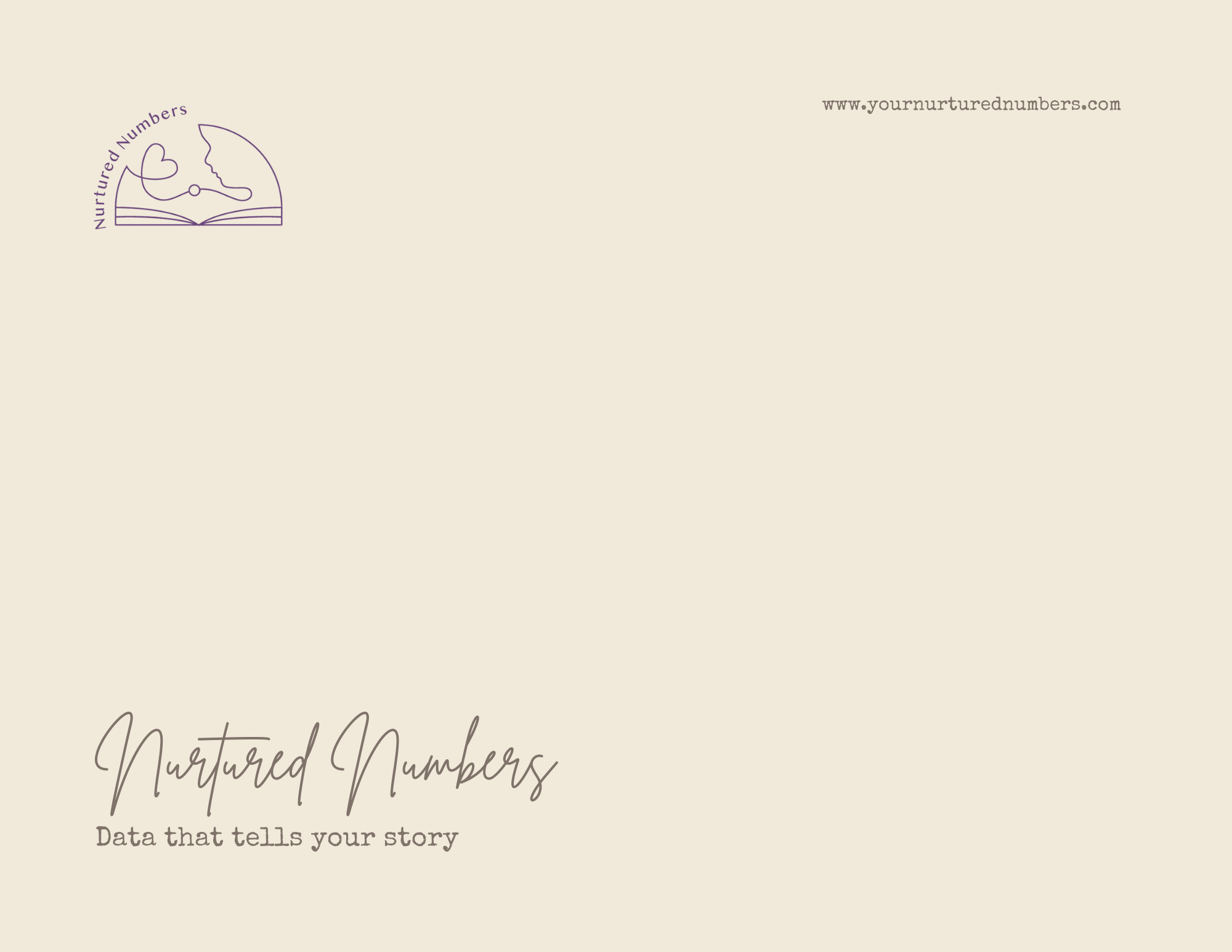 A beige-colored document with a purple line drawing of a smiling face and a heart, accompanied by the text 'Nurtured Numbers'. The bottom displays the tagline 'Data that tells your story', and the top right includes a website URL 'www.yournurturednum