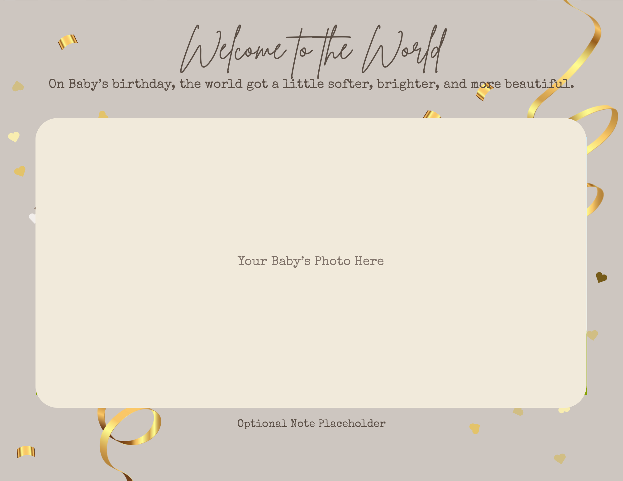 A birthday invitation template with a beige background, gold confetti, and gold ribbon accents. Contains a large placeholder for a baby's photo and text about celebrating a baby's first birthday, with space for optional notes.