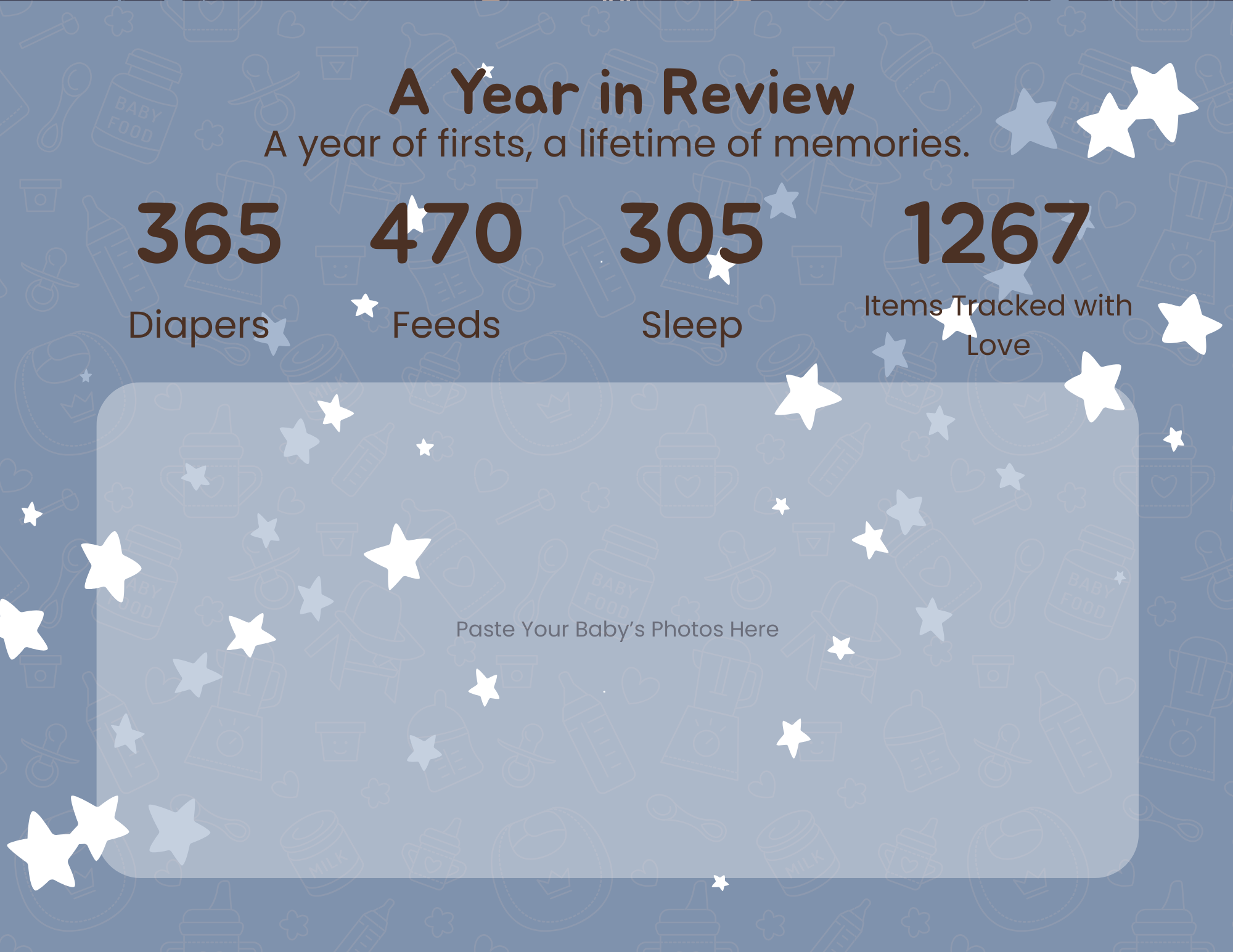 A graphic titled "A Year in Review" showing statistics for a baby's first year, including 365 diapers, 470 feeds, 305 hours of sleep, and 1267 items tracked with love, with a background of baby-themed icons and scattered stars.