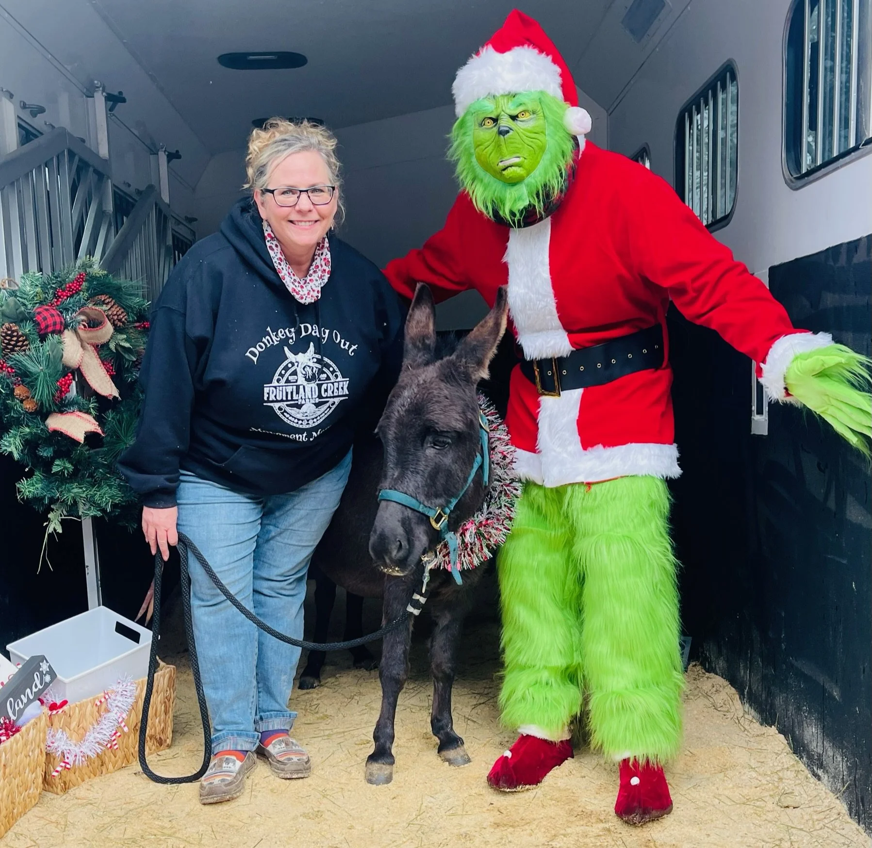 A woman in a black sweatshirt with white text and a red polka dot scarf posing next to a donkey and a person dressed as the Grinch in a red Santa costume with green face and hair, inside a trailer with a Christmas wreath and decorations.