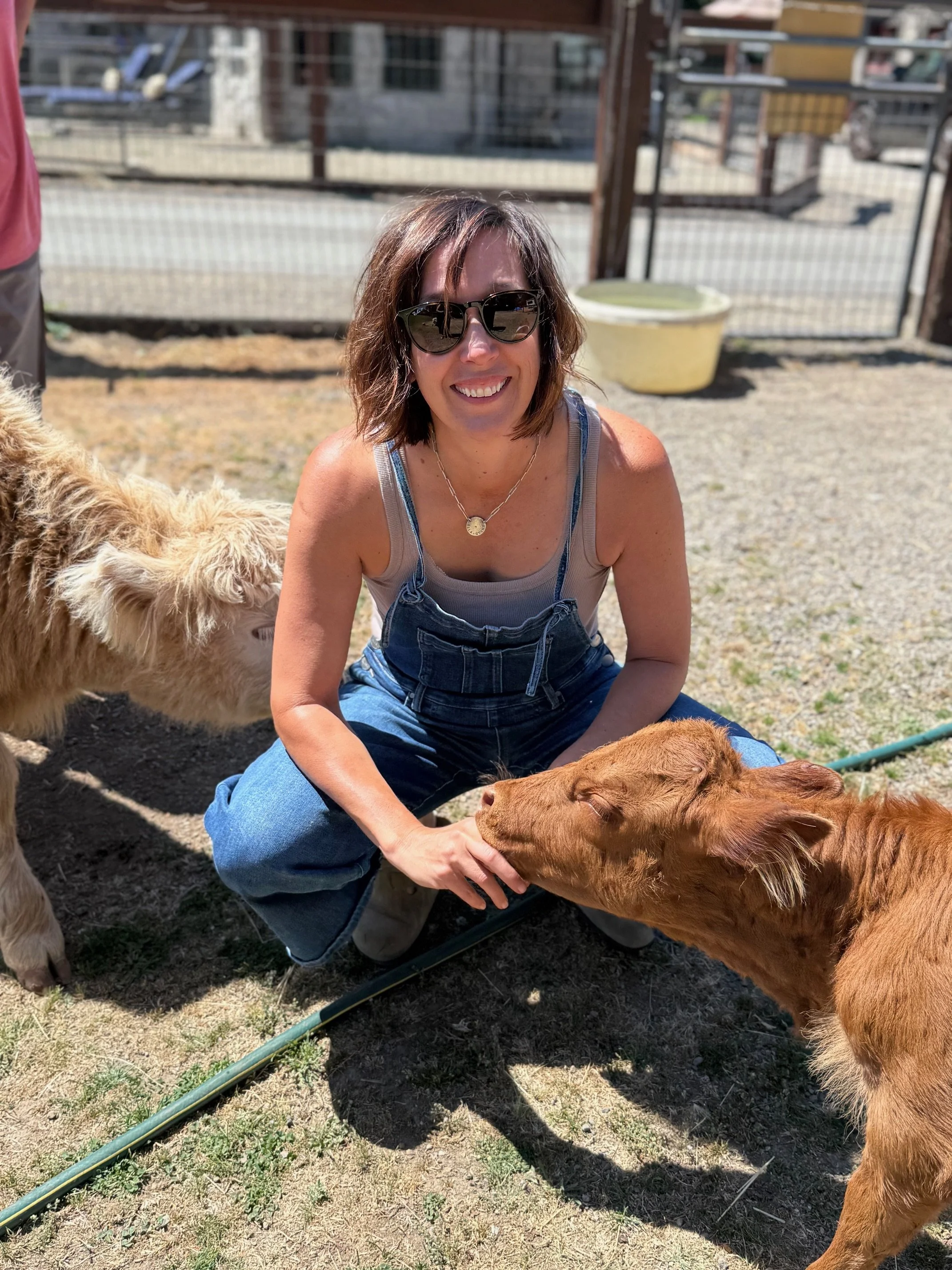 Woman smiling, squatting, wearing sunglasses and overalls, interacting with two calves in a farm setting.