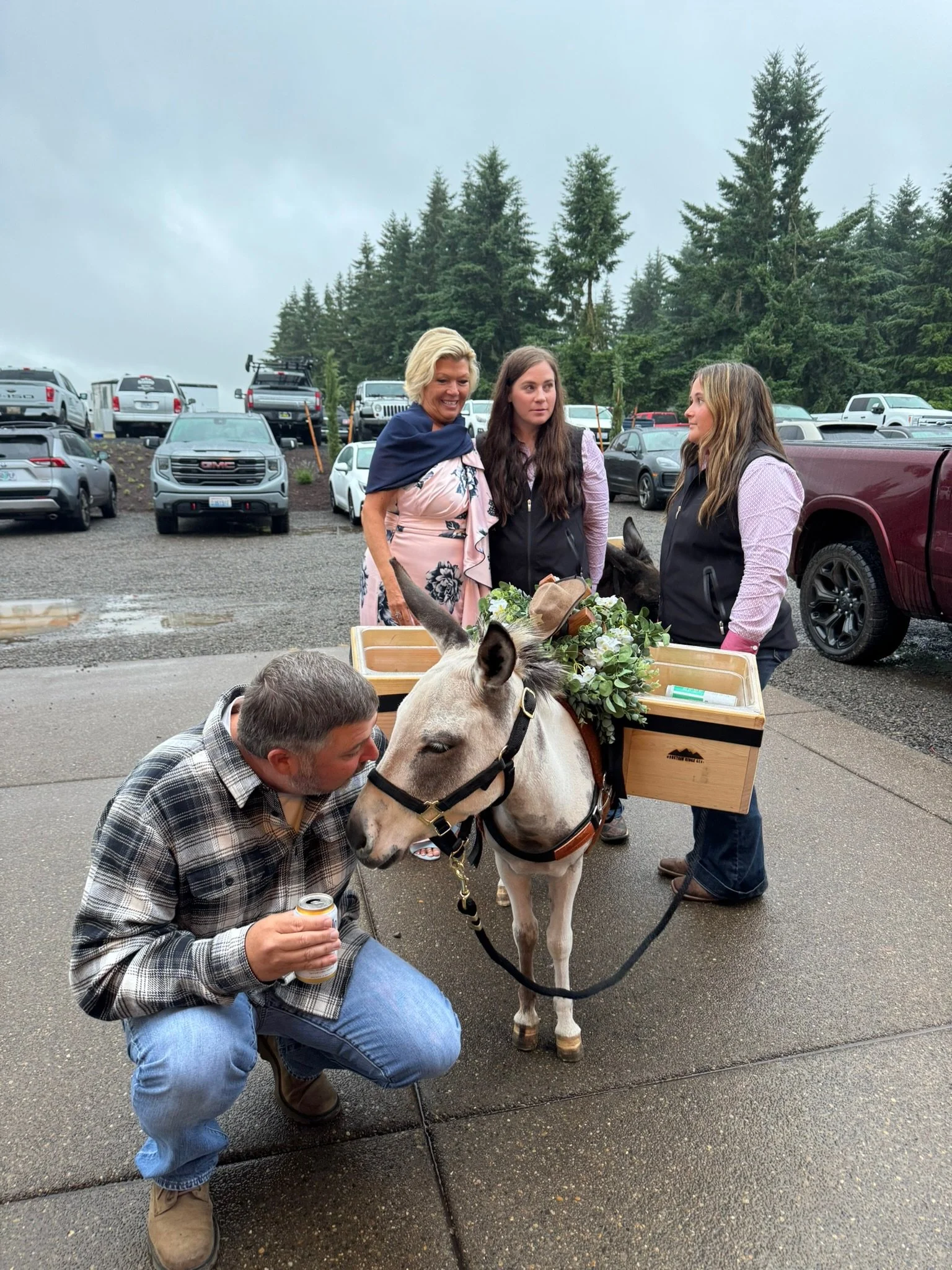 A small donkey with a flower and greenery arrangement on its back is being stroked by a man kneeling next to it. Four women are standing in the background near parked cars, with a forested area behind them. The scene appears to be outdoors on a cloud