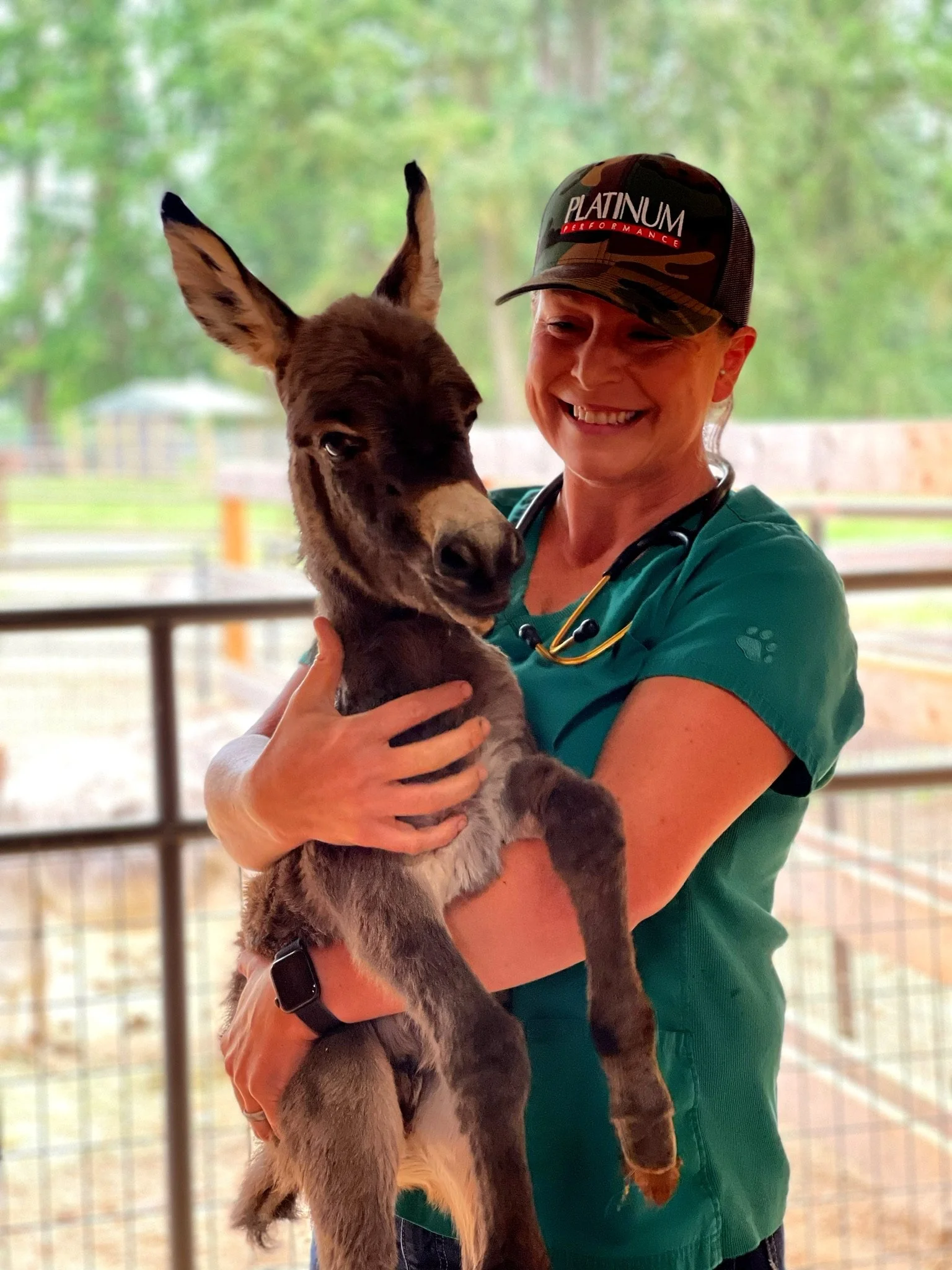 A smiling woman wearing a cap and scrubs holding a young kangaroo.