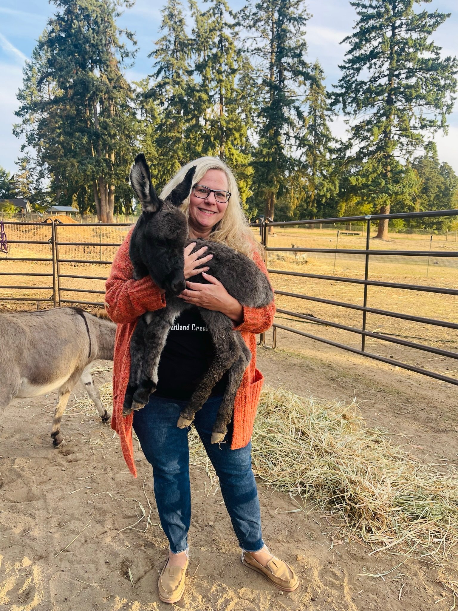 A woman holding a large baby donkey outdoors on a farm, with trees in the background and a donkey grazing nearby.