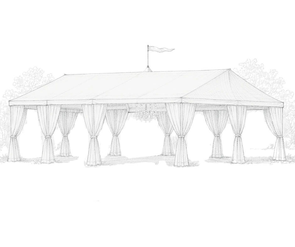 Line drawing of a large outdoor event tent with draped curtains, a flag on top, and surrounding trees.
