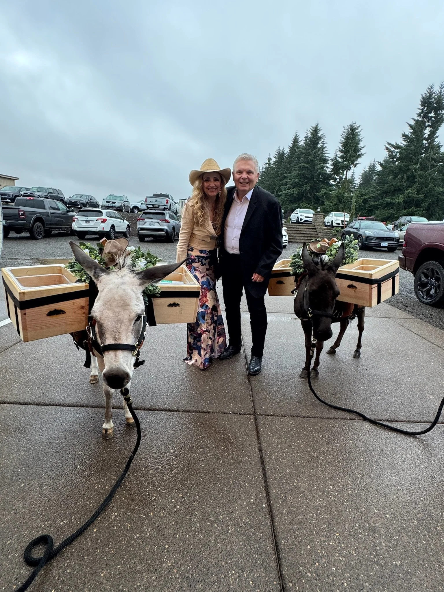 A woman and man standing outdoors on a rainy day, each with a donkey carrying wooden boxes decorated with flowers, with a parking lot and trees in the background.